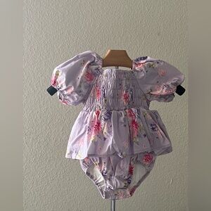 Lilac Floral Smocked Puff-Sleeve Baby Dress with Bloomers